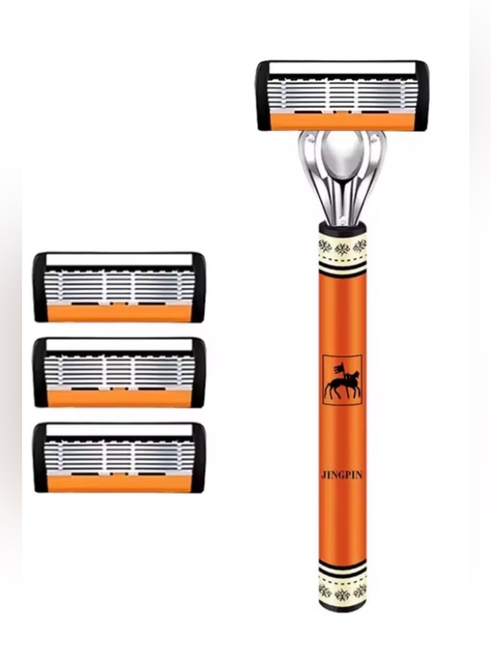 Orange Luxurious Safety Razor by Jingpin + 3 Replacement Cartridges Unisex.